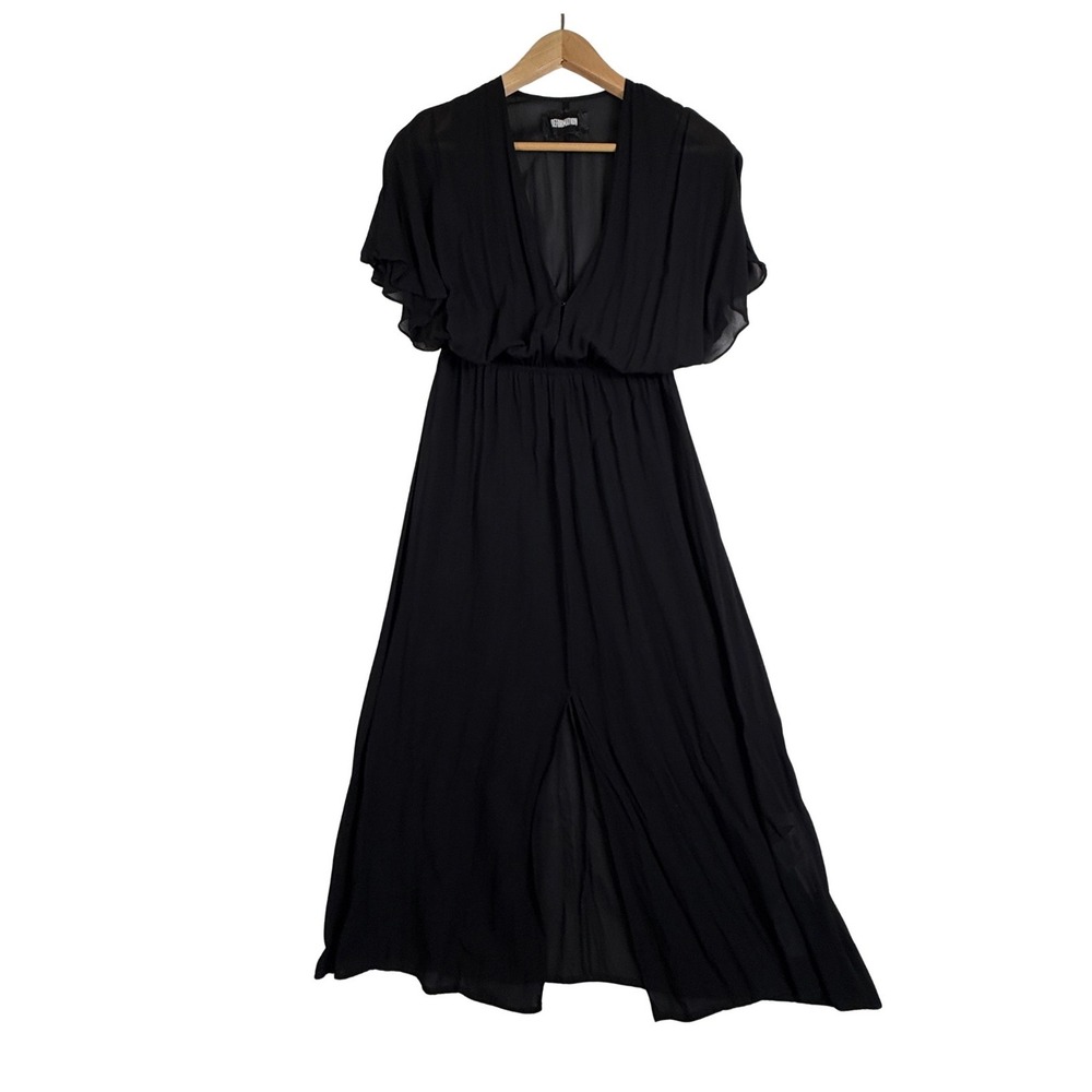 Reformation V-Neck Flutter Sleeve Slit Maxi Dress Black Size M